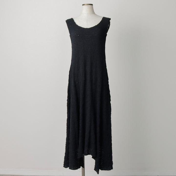 NOBLU Midi-length Shirred Irregular Hem Sleeveless Flare Dress, Made in USA, Women's Size S (approx.) cotton black type Vintage Second Hand