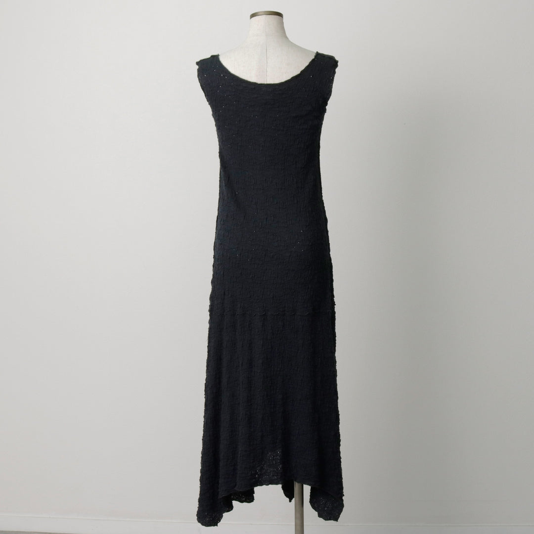 NOBLU Midi-length Shirred Irregular Hem Sleeveless Flare Dress, Made in USA, Women's Size S (approx.) cotton black type Vintage Second Hand