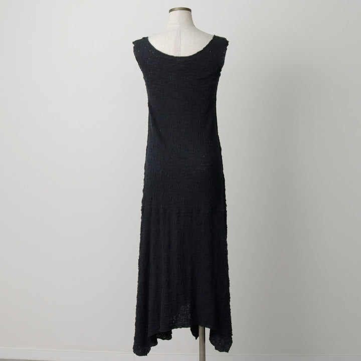 NOBLU Midi-length Shirred Irregular Hem Sleeveless Flare Dress, Made in USA, Women's Size S (approx.) cotton black type Vintage Second Hand