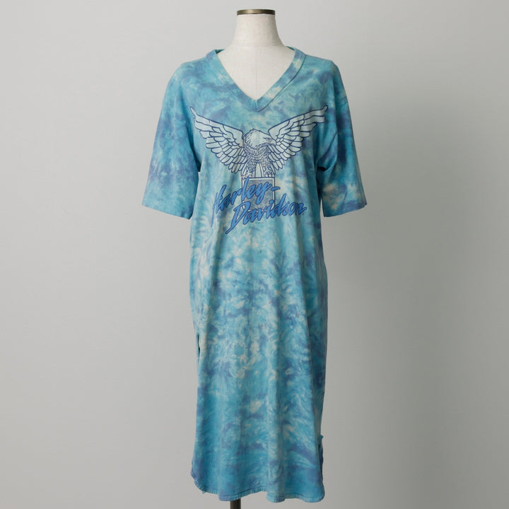 80'S Harley-Davidson Tie-Dye Pattern Eagle Pattern Half-Length V-Neck T-Shirt Dress, Made in USA, Women's Size L (approx.) cotton Blue type light blue Vintage Second Hand