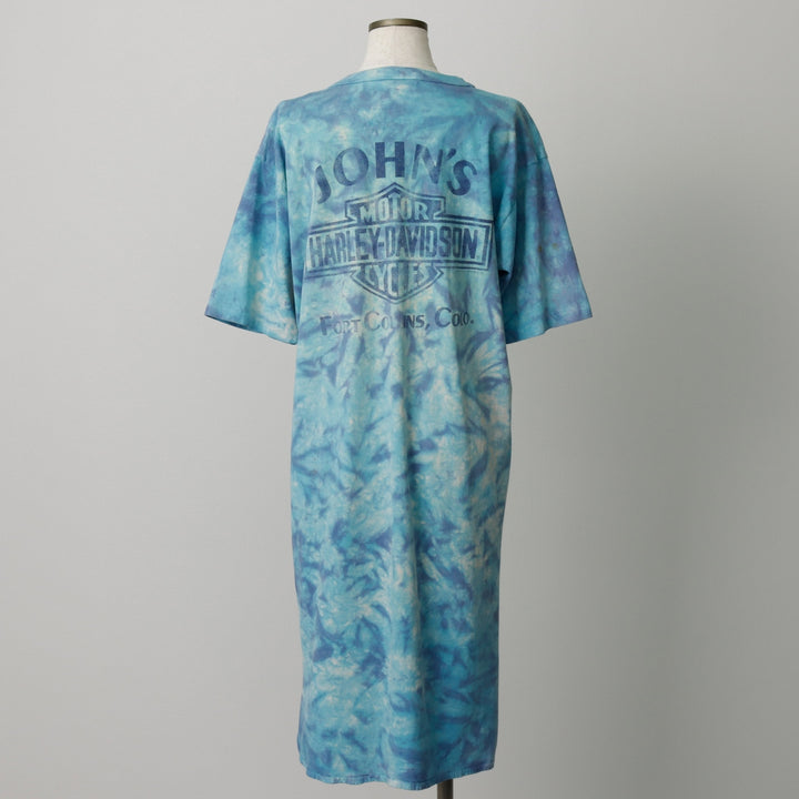 80'S Harley-Davidson Tie-Dye Pattern Eagle Pattern Half-Length V-Neck T-Shirt Dress, Made in USA, Women's Size L (approx.) cotton Blue type light blue Vintage Second Hand