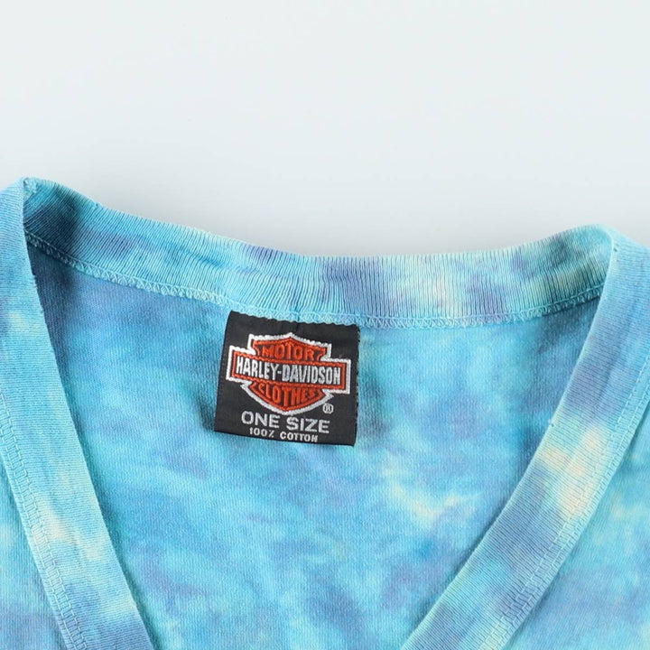 80'S Harley-Davidson Tie-Dye Pattern Eagle Pattern Half-Length V-Neck T-Shirt Dress, Made in USA, Women's Size L (approx.) cotton Blue type light blue Vintage Second Hand