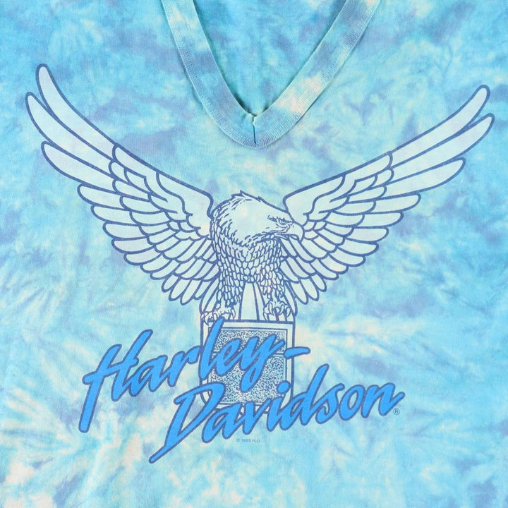 80'S Harley-Davidson Tie-Dye Pattern Eagle Pattern Half-Length V-Neck T-Shirt Dress, Made in USA, Women's Size L (approx.) cotton Blue type light blue Vintage Second Hand