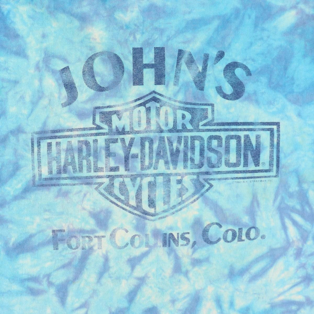 80'S Harley-Davidson Tie-Dye Pattern Eagle Pattern Half-Length V-Neck T-Shirt Dress, Made in USA, Women's Size L (approx.) cotton Blue type light blue Vintage Second Hand