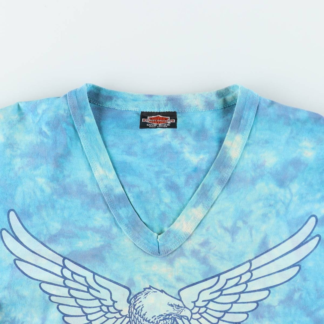 80'S Harley-Davidson Tie-Dye Pattern Eagle Pattern Half-Length V-Neck T-Shirt Dress, Made in USA, Women's Size L (approx.) cotton Blue type light blue Vintage Second Hand