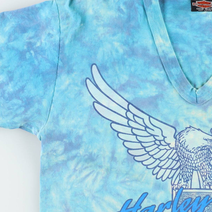 80'S Harley-Davidson Tie-Dye Pattern Eagle Pattern Half-Length V-Neck T-Shirt Dress, Made in USA, Women's Size L (approx.) cotton Blue type light blue Vintage Second Hand