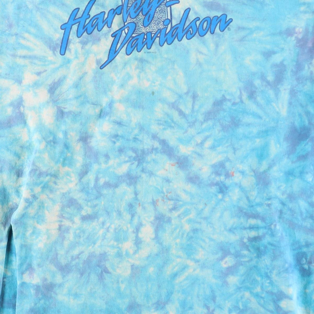 80'S Harley-Davidson Tie-Dye Pattern Eagle Pattern Half-Length V-Neck T-Shirt Dress, Made in USA, Women's Size L (approx.) cotton Blue type light blue Vintage Second Hand