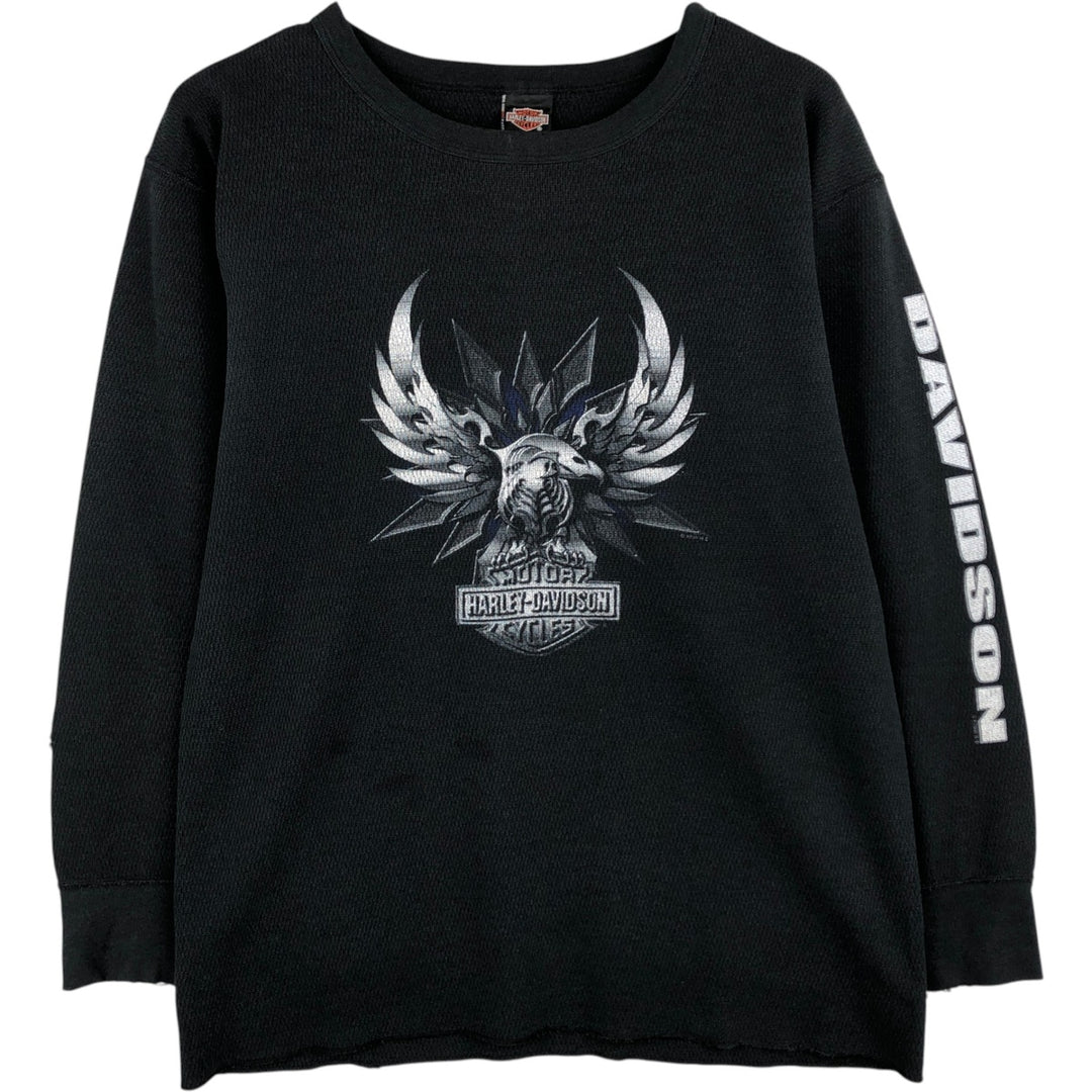 Big Size Harley-Davidson Eagle Pattern Native Pattern Thermal Long-Sleeve T-Shirt Honeycomb Made in USA Men's XXXL Equivalent cotton black type Vintage Second Hand