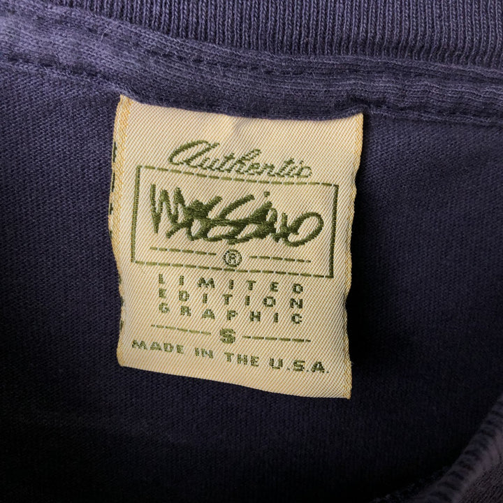 90'S Mossimo sports print t-shirt, made in USA, men's size S equivalent, vintage. cotton navy blue type Vintage Second Hand