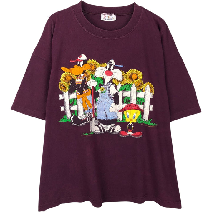 90'S Paris Sport Club Looney Tunes Tweety Character Print T-Shirt, Men's XL (approx.), Vintage unclear red type reddish brown Vintage Second Hand