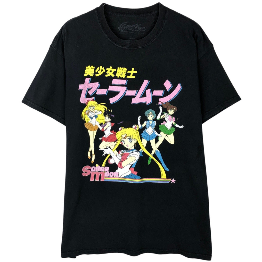 SAILOR MOON Pretty Guardian Sailor Moon Anime Character Print T-shirt Men's L size cotton black type Vintage Second Hand