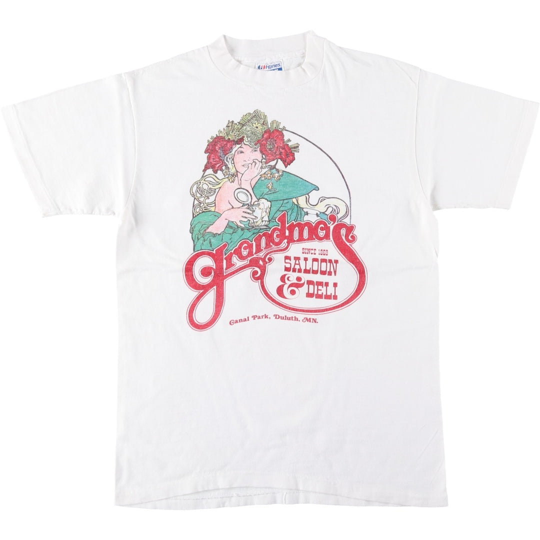 80'S Hanes BEEFY-T Blue Tag Grandma's Saloon and Deli Advertising T-Shirt Made in USA Men's Size M (Equivalent) Vintage cotton white type Vintage Second Hand