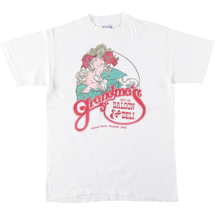 80'S Hanes BEEFY-T Blue Tag Grandma's Saloon and Deli Advertising T-Shirt Made in USA Men's Size M (Equivalent) Vintage cotton white type Vintage Second Hand