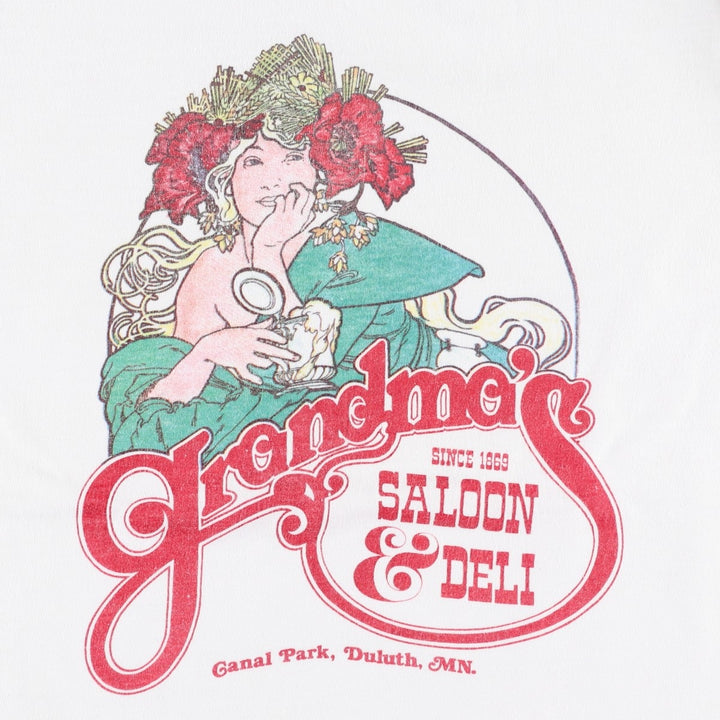 80'S Hanes BEEFY-T Blue Tag Grandma's Saloon and Deli Advertising T-Shirt Made in USA Men's Size M (Equivalent) Vintage cotton white type Vintage Second Hand