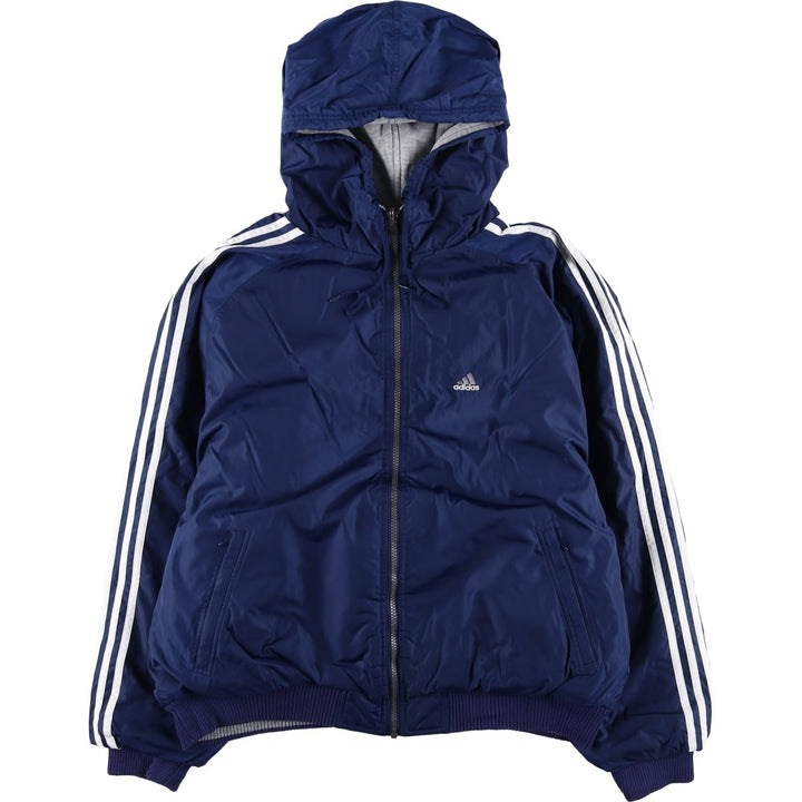 2000'S adidas reversible padded hoodie/puffer jacket with back logo, size L, men's Nylon navy blue type Vintage Second Hand