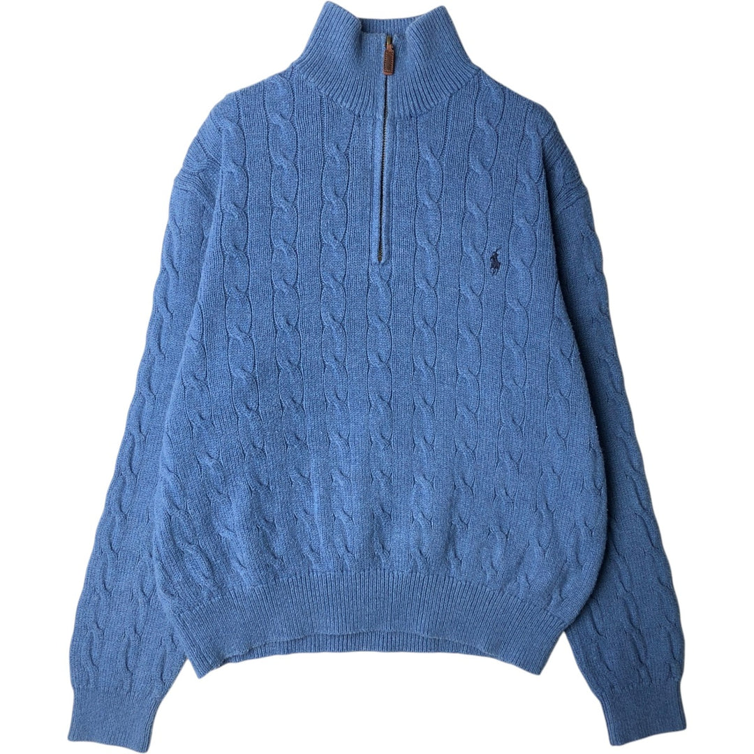 Ralph Lauren POLO RALPH LAUREN cable knit cotton knit half-zip sweater, men's size L cotton Blue type light blue Vintage Second Hand