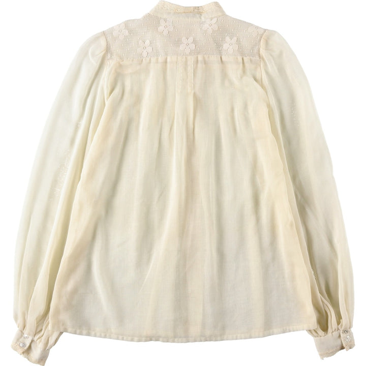 1970'S Gunnesachs Gunnies Stand Collar Cutwork Embroidery Long Sleeve See-Through Shirt Women's Size S (approx.) Vintage unclear ivory Vintage Second Hand