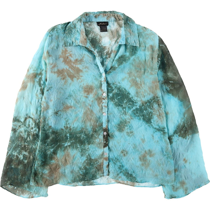 Milano Tie-Dye Pattern Wrinkles Open Collar Long Sleeve Sheer Shirt (Women's Size L) polyester Blue type light blue Vintage Second Hand