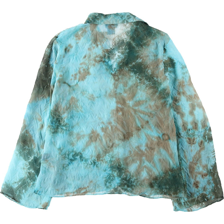 Milano Tie-Dye Pattern Wrinkles Open Collar Long Sleeve Sheer Shirt (Women's Size L) polyester Blue type light blue Vintage Second Hand