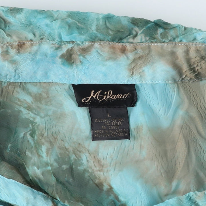 Milano Tie-Dye Pattern Wrinkles Open Collar Long Sleeve Sheer Shirt (Women's Size L) polyester Blue type light blue Vintage Second Hand