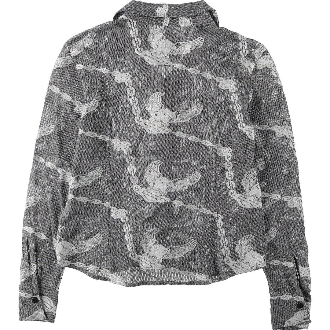 Harley-Davidson all-over eagle pattern open-collar long-sleeve sheer shirt, women's size L equivalent. polyester gray type Vintage Second Hand