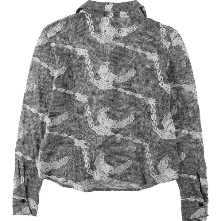 Harley-Davidson all-over eagle pattern open-collar long-sleeve sheer shirt, women's size L equivalent. polyester gray type Vintage Second Hand