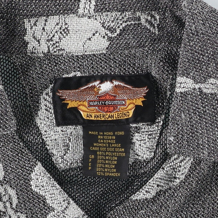 Harley-Davidson all-over eagle pattern open-collar long-sleeve sheer shirt, women's size L equivalent. polyester gray type Vintage Second Hand