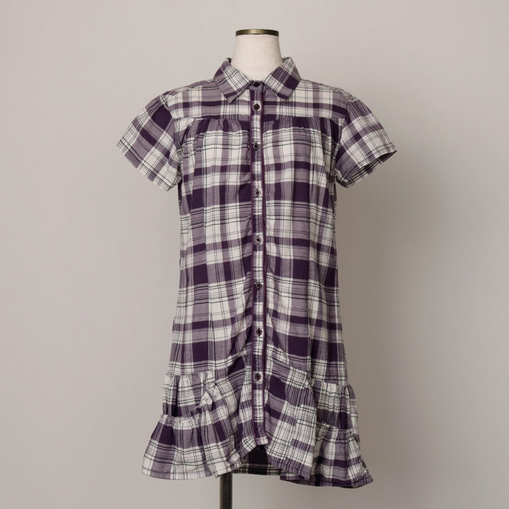 Multiblu Check Pattern Half-Length Hem Frill Short-Sleeve Shirt Dress (Women's Size M) cotton purple type Vintage Second Hand