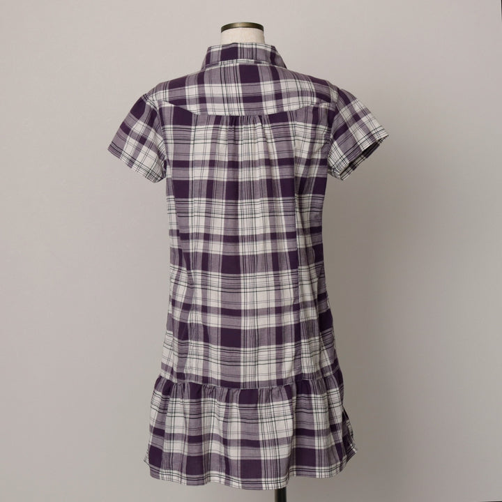 Multiblu Check Pattern Half-Length Hem Frill Short-Sleeve Shirt Dress (Women's Size M) cotton purple type Vintage Second Hand
