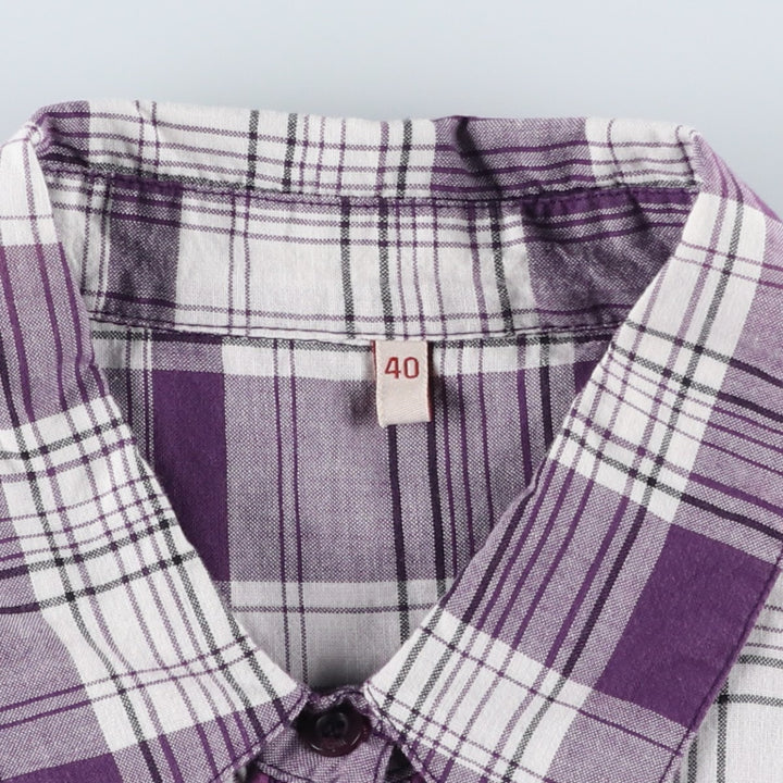 Multiblu Check Pattern Half-Length Hem Frill Short-Sleeve Shirt Dress (Women's Size M) cotton purple type Vintage Second Hand