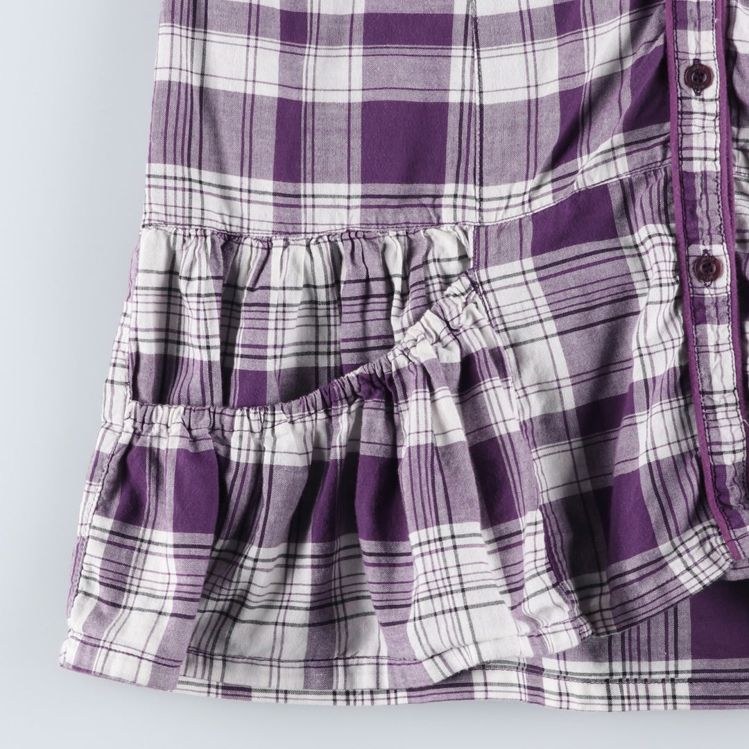 Multiblu Check Pattern Half-Length Hem Frill Short-Sleeve Shirt Dress (Women's Size M) cotton purple type Vintage Second Hand