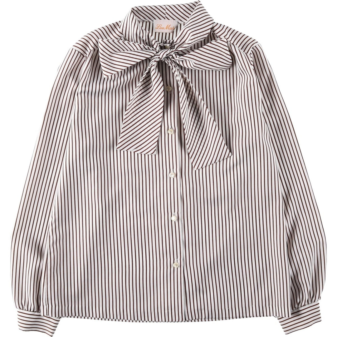 1970'S Lee Mar Stripe Pattern Long-Sleeve Bow-Tie Blouse, Made in USA, Women's Size M (approx.), Vintage polyester brown type Vintage Second Hand
