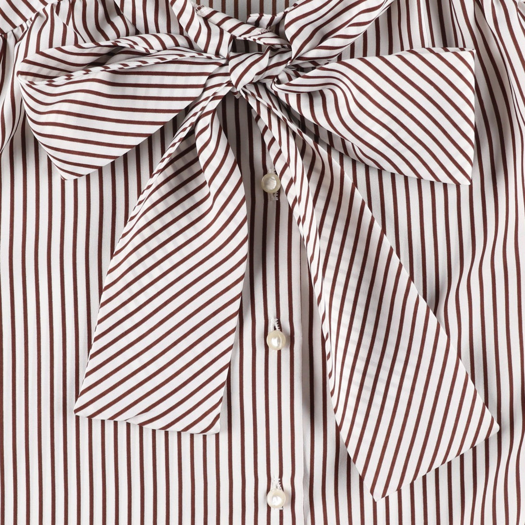 1970'S Lee Mar Stripe Pattern Long-Sleeve Bow-Tie Blouse, Made in USA, Women's Size M (approx.), Vintage polyester brown type Vintage Second Hand