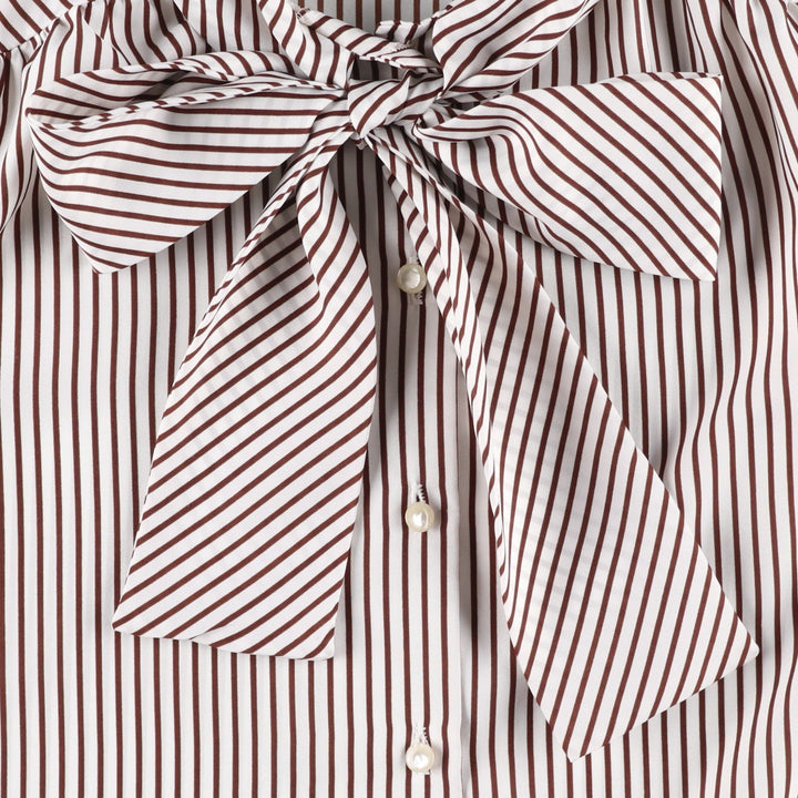 1970'S Lee Mar Stripe Pattern Long-Sleeve Bow-Tie Blouse, Made in USA, Women's Size M (approx.), Vintage polyester brown type Vintage Second Hand