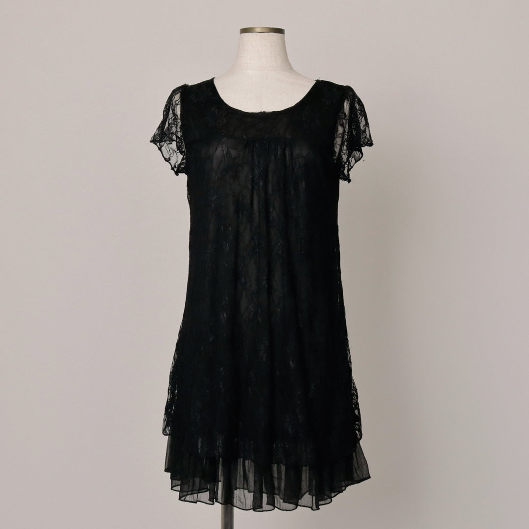 Papillonne Floral Lace Half-Length Short-Sleeve Flared Dress, Women's Size S (Equivalent), Vintage polyester black type Vintage Second Hand