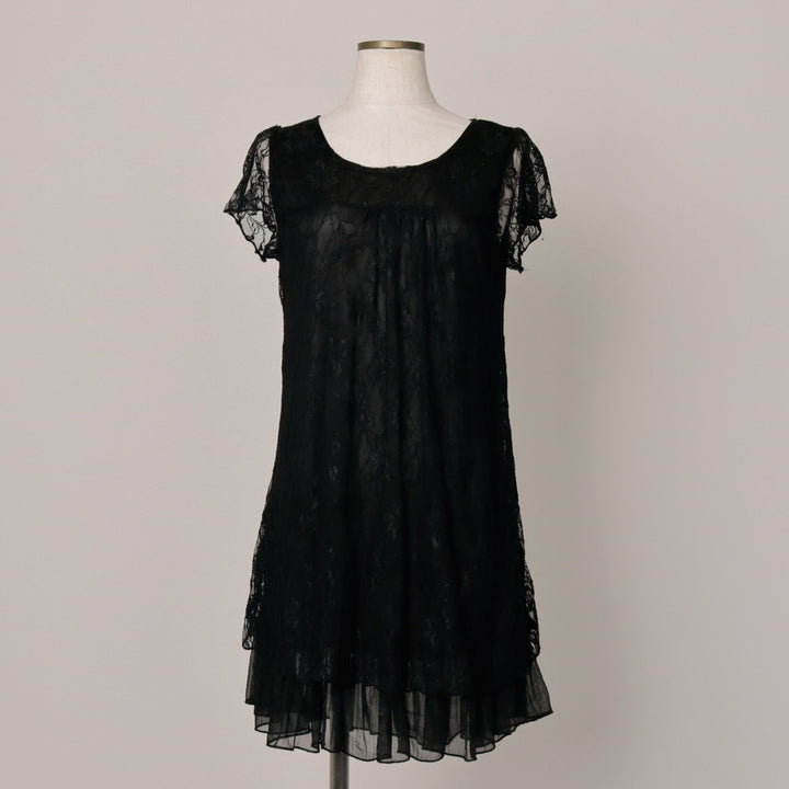 Papillonne Floral Lace Half-Length Short-Sleeve Flared Dress, Women's Size S (Equivalent), Vintage polyester black type Vintage Second Hand