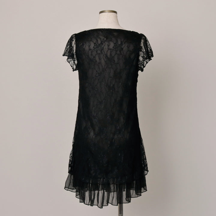 Papillonne Floral Lace Half-Length Short-Sleeve Flared Dress, Women's Size S (Equivalent), Vintage polyester black type Vintage Second Hand