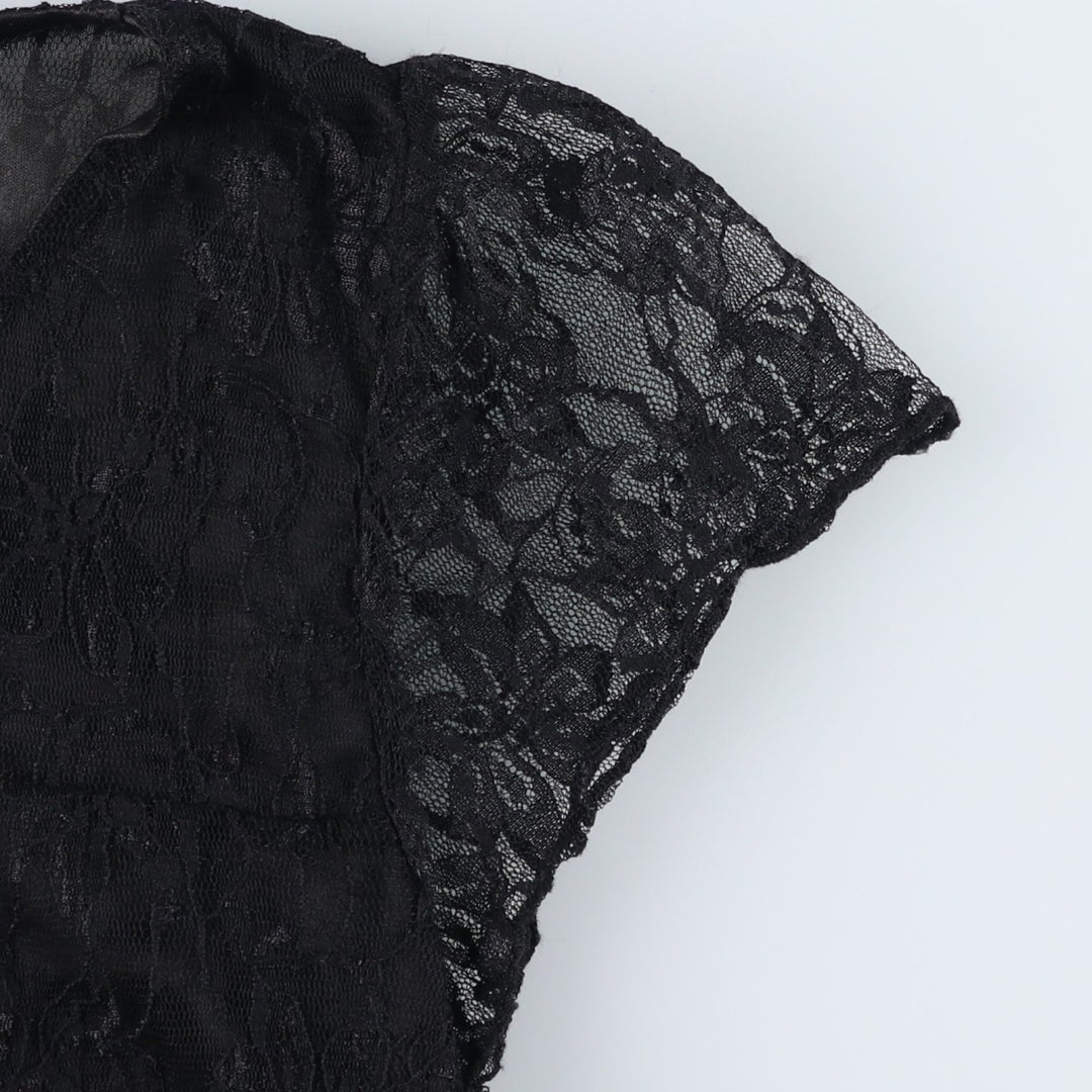 Papillonne Floral Lace Half-Length Short-Sleeve Flared Dress, Women's Size S (Equivalent), Vintage polyester black type Vintage Second Hand