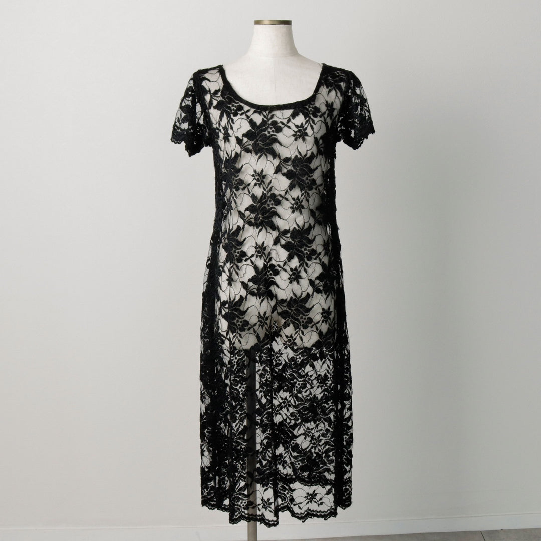 Midi-length, all-over lace, short-sleeved, fitted dress, women's size S. unclear black type Vintage Second Hand