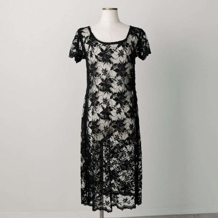 Midi-length, all-over lace, short-sleeved, fitted dress, women's size S. unclear black type Vintage Second Hand