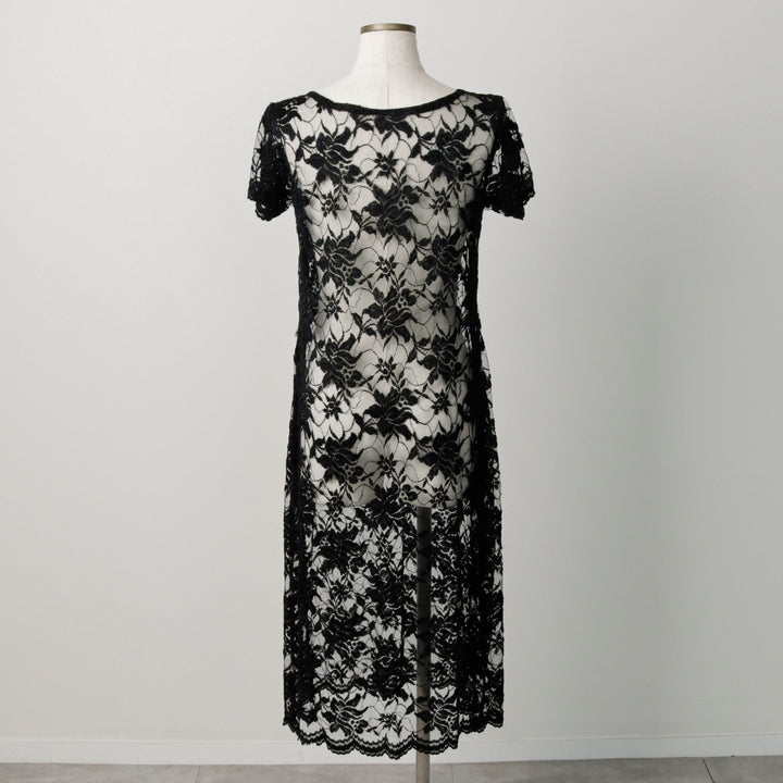 Midi-length, all-over lace, short-sleeved, fitted dress, women's size S. unclear black type Vintage Second Hand