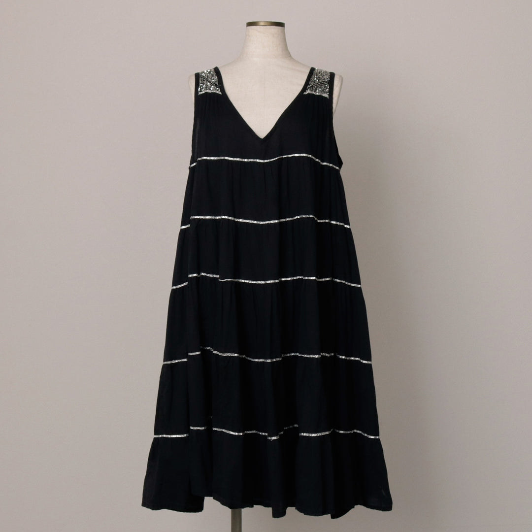 Claire Powell Midi-Length Sequined Tiered Sleeveless Flare Dress (Women's Size M) cotton black type Vintage Second Hand