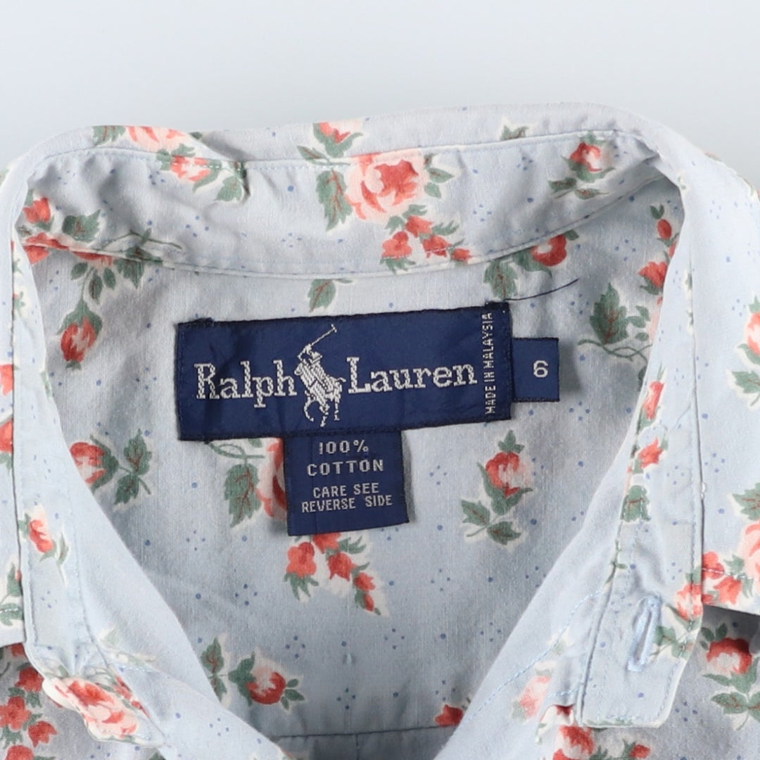Ralph Lauren floral print short-sleeved cotton shirt, women's size L (approx.) cotton Blue type light blue Vintage Second Hand