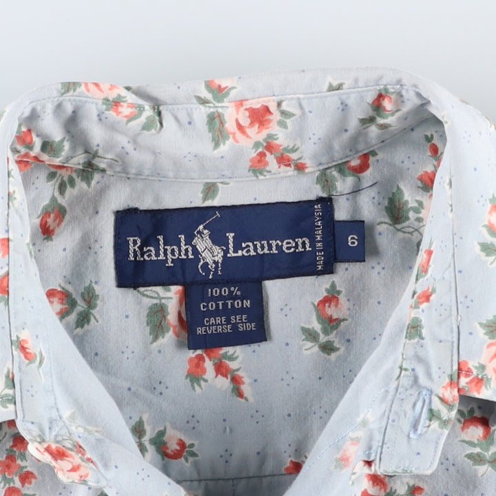 Ralph Lauren floral print short-sleeved cotton shirt, women's size L (approx.) cotton Blue type light blue Vintage Second Hand