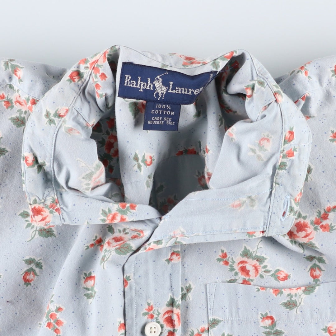 Ralph Lauren floral print short-sleeved cotton shirt, women's size L (approx.) cotton Blue type light blue Vintage Second Hand