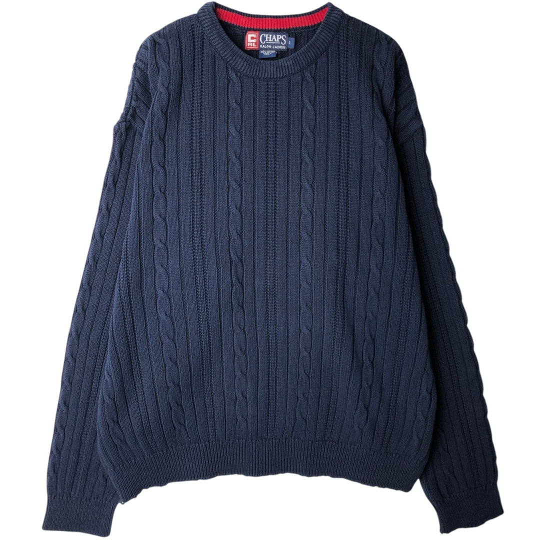 90'S Ralph Lauren CHAPS Cable Knit Cotton Sweater, Made in USA, Men's Size L (approx.), Vintage cotton navy blue type Vintage Second Hand