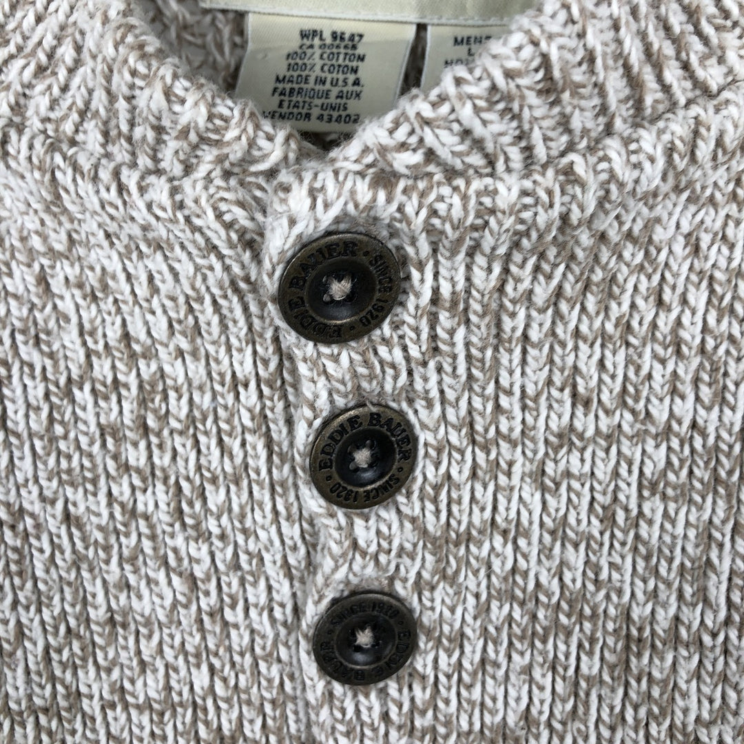 90'S Eddie Bauer ribbed henley cotton knit sweater, made in the USA, men's size L, vintage cotton Beige type Vintage Second Hand
