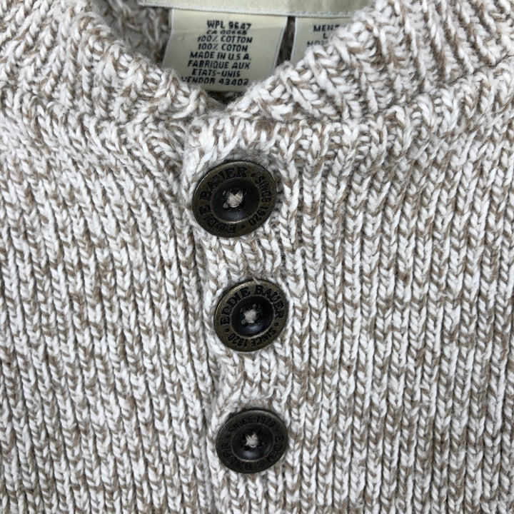 90'S Eddie Bauer ribbed henley cotton knit sweater, made in the USA, men's size L, vintage cotton Beige type Vintage Second Hand