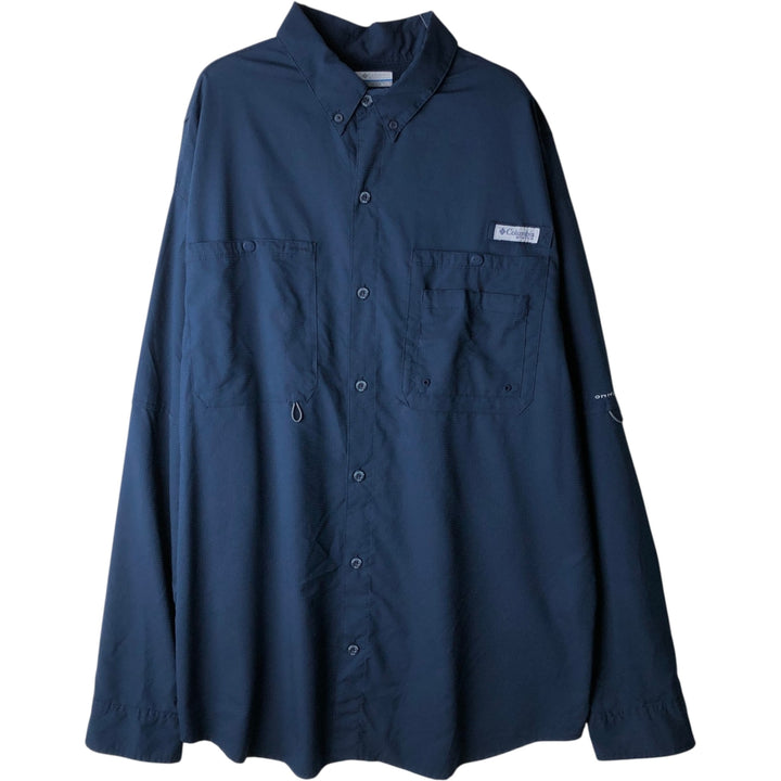 Columbia long-sleeved button-down fishing shirt, men's size XL polyester navy blue type Vintage Second Hand