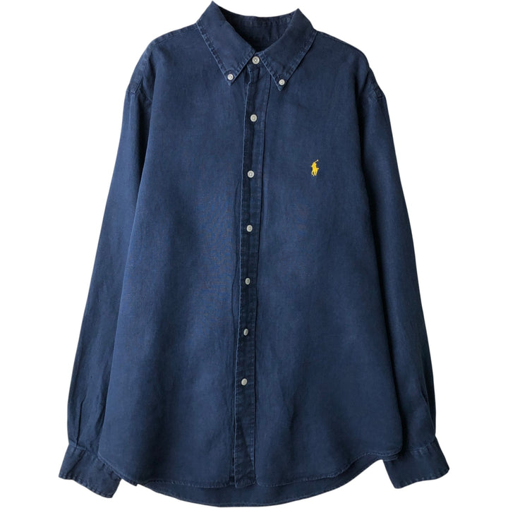 Ralph Lauren Classic Fit Long Sleeve Linen Button-Down Shirt, Men's Size Medium linen navy blue type Vintage Second Hand